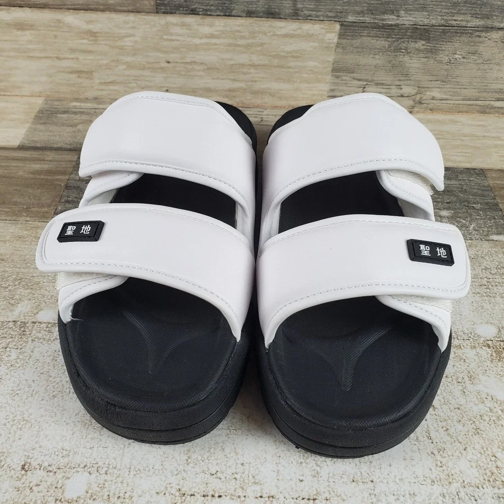 Seichi‎ Senko Mens Slide Sandals Sz 8 White Leather Double Strap Hook & Loop